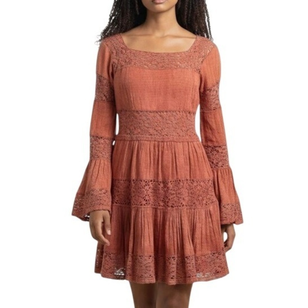 Free People Boho Crochet Unconventional Lace Bell Sleeve Mini‎ Dress Orange S M